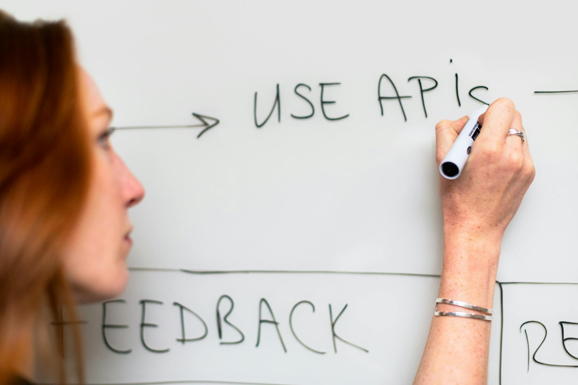 A woman writes "USE APIs" as part of a flow chart on a whiteboard